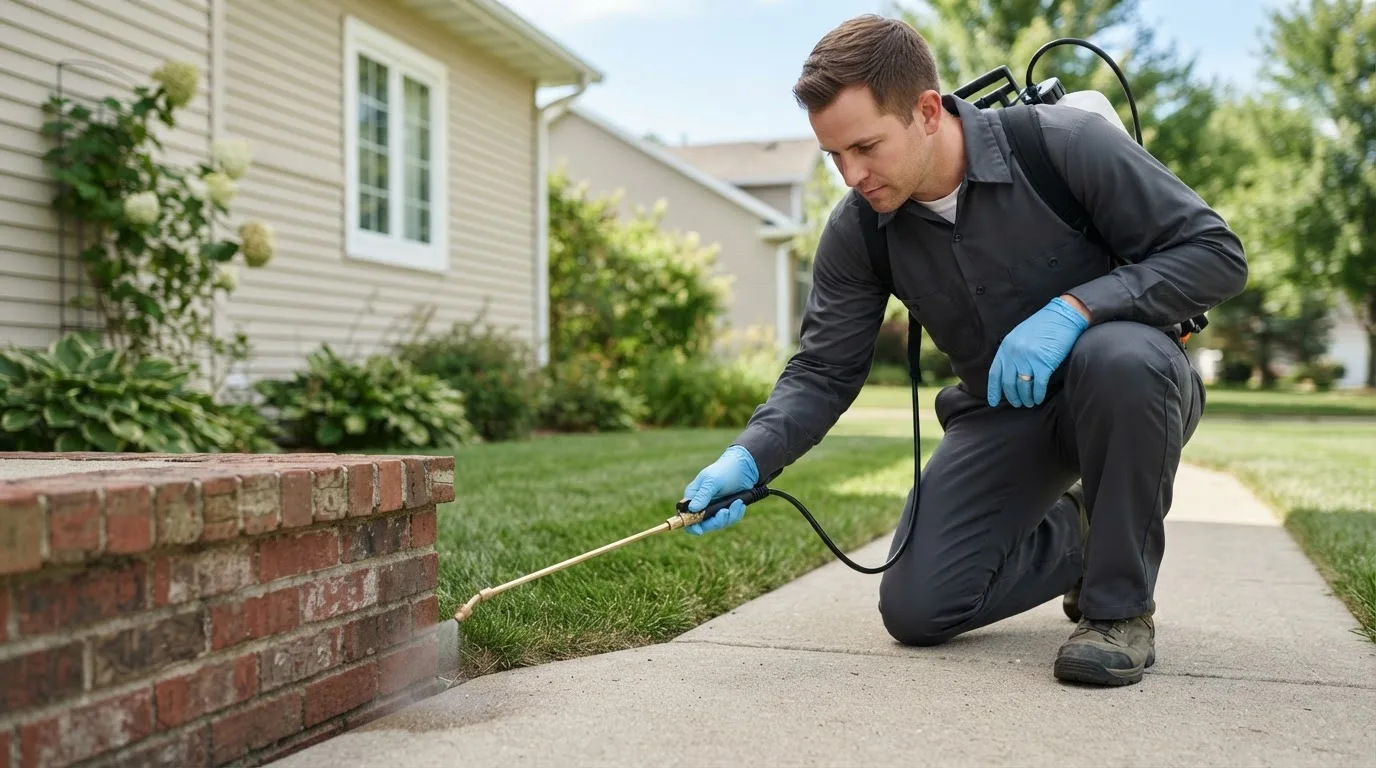 Pest control technician treating a home near Valmeyer, IL