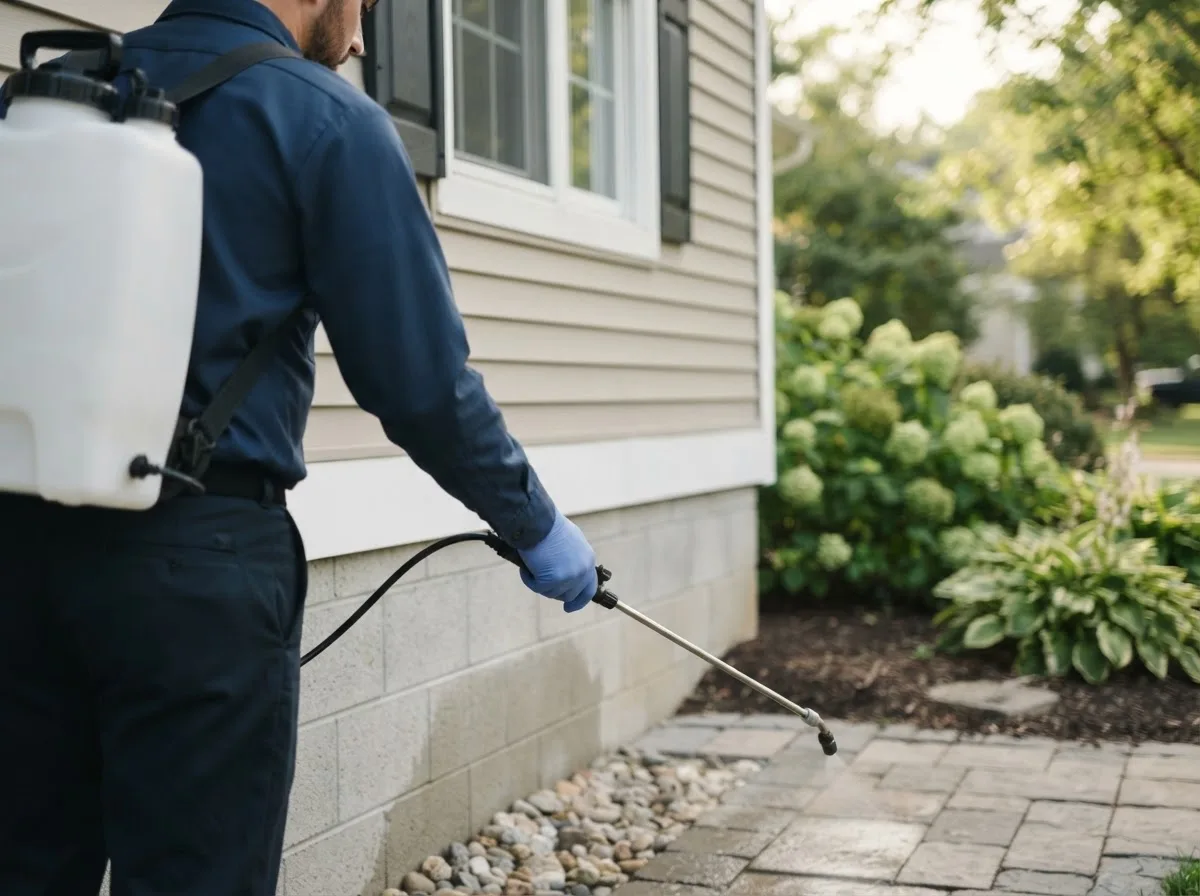 Pest control technician inspecting a home in Valmeyer, IL